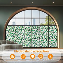 Window Privacy Film Stained Glass Decorative Static Clings Frosted Window Tint for Home Room Decor Bathroom Door Car Stickers with Glittering Effect, Removable(Blue & Green pothos Botanical)