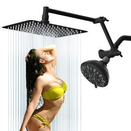 Black Rainfall Shower Head Combo, 10" Premium High Pressure 3-Way Dual Shower Head with 7-Setting Fixed Shower for Couple/Family, 16" Adjustable Foldable Shower Extension Arm,