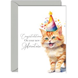 Good Luck New Adventure Cards for Women Men - Party Cat Kitten- Leaving Gifts Congratulations Card for Retirement New Job University Relocation Expat, A5 Farewell Greeting Cards
