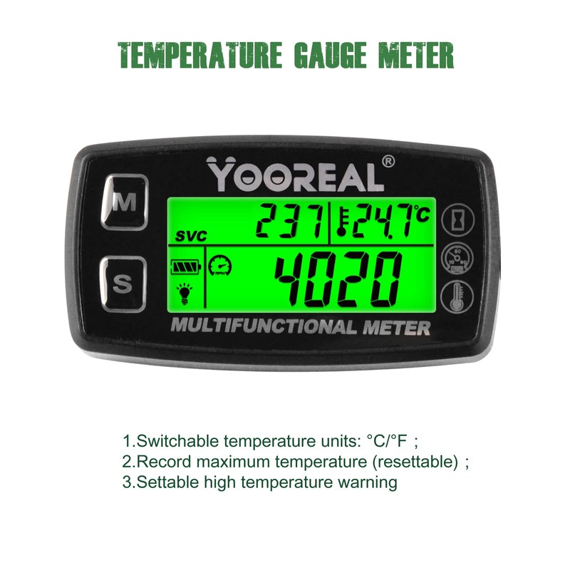 Yooreal Digital Engine Temperature Gauge Meter,Tachometer and Hour Meter,Removable Temp