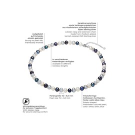Valero Pearls Women's Pearl Necklace Freshwater Cultured Pearls 7-8 mm Potato White/Silver/Blue 925 Sterling Silver - Pearl Necklace Knotted Multicoloured, Silver, Pearl