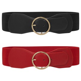 WERFORU Pack of 2 Elastic Waist Belt for Women Vintage Wide Belt for Dress Fashion Stretchy Cinch Belt, D-Black+Red