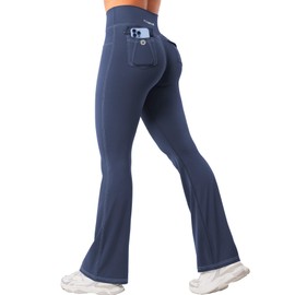 YEOREO CoreFlex Women Workout Mini Flare Leggings with Pockets Hidden Scrunch High Waisted Cargo Gym Casual Denim-Look Yoga Pants Navy Blue XL