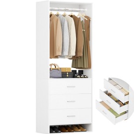 Aheaplus 2FT Closet System with 3 Drawers, 24’’ Closet Organizer, Wood Closet Organizer System, Walk-in Closet or Small Closets Wardrobe, Clothes Rack with Hanging Rods,-E6, White