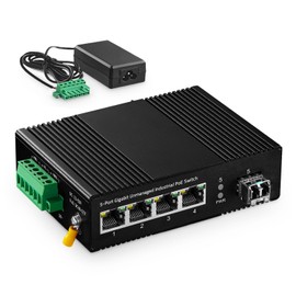 5 Port Gigabit PoE Industrial Switch, IEEE802.3af/at Ethernet, 1 SFP Port with 20km LC Module, IP40 Aluminum Alloy -40~75°C(-40~185°F), Din Rail and Wall Mount Kit, with 60W Power Supply