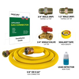 PROCURU 5/8" OD x 60" Gas Flex Connector Kit with 3/4" Angle Valve for Stove Range, Furnace, WeatherProof Fleixble Stainless Steel with SafeGuard Coating