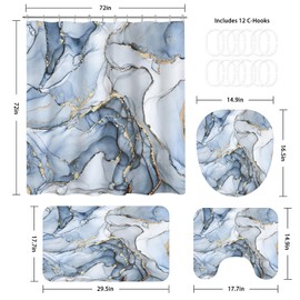 BayNook 4PCS Light Blue Gold Marble Shower Curtain Sets with Rugs, Abstract Luxury Bathroom Sets with Shower Curtain and Rugs, Gold Bathroom Curtains Shower Set with Toilet Lid Cover