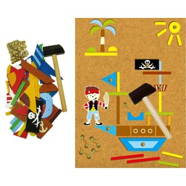 Inware - Tool Game Pirates, Hammer Game - 165 Pieces for Children from 3 Years with 72 Wooden Pieces, 7 Paper Figures and Hammer