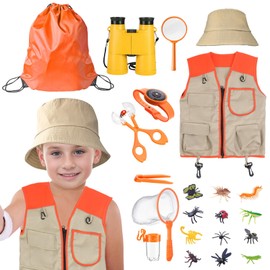 Forscherset für Kinder, Entdecker Set, Entdecker Spielzeug Sets, Weste, Hut, Fernglas, Lupenglas, für Outdoor Spielzeug Kinder ab 6, Outdoor Adventurer Explorer Set für Wandern,Camping