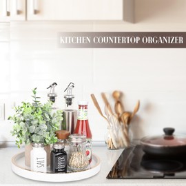 Lazy Susan Organizer for Table Top, Kitchen Countertop Organizer Wooden Lazy Susan Turntable for Cabinet, Spice and Soap Organizer Rack Bathroom Sink Tray for Vanity, 11 Inch, White Brushed Gold