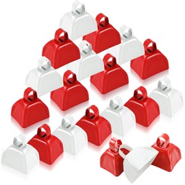 20 Pcs Metal Cowbells Noisemakers for Sporting Events 3 Inch Cow Bells Noise Makers with Handle Hand Percussion Cowbells for Football Games Graduation Party Cheering Team (Red, White)