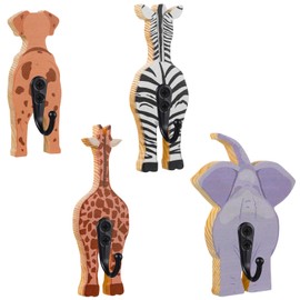 Qunclay 4 Pcs Safari Animal Wall Hooks Decorative Coat Wall Mounted Hooks Wooden Elephant Giraffe Zebra Dog Hanger for Nursery Bedroom Home Decor