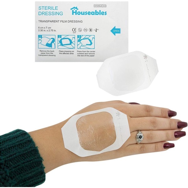 Houseables Transparent Film Dressing, Wound Cover Bandages, Clear, 2.36" x 2.75", 100 Pack, Post Surgical Skin Patch, Sterile Protection, Breathable Pressure Seal, Waterproof Guard, Shower Shield
