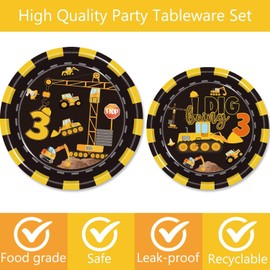 162 Pcs Construction 3rd Birthday Party Supplies Dump Truck Three Tableware Includes Backdrop, Hanging Swirl, Banner, Plates, Cups, Tablecloth for Construction Three Years Old Bday Party Decorations