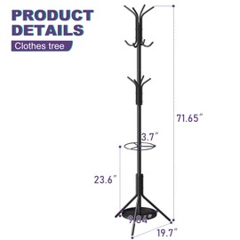 Wieghda Coat Rack Freestanding,Entryway Hanger Stand,Umbrella Holder,Hall Tree With 12 Hooks, Floor Standing Metal Tree Stand,Black