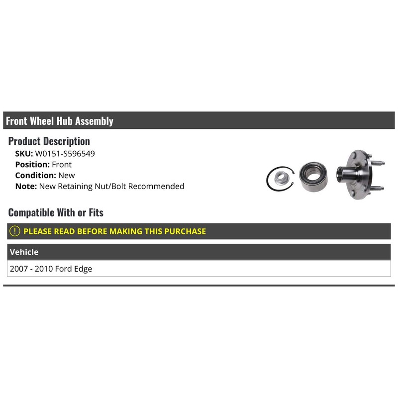 Front Wheel Bearing Hub Assembly - Compatible with 2007-2010 Ford