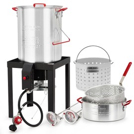 30 Qt Turkey Deep Fryer & 10 Qt Fish Fryer Kit, Aluminum Seafood Crawfish Boiler Pot w/38000 BTU Outdoor Propane Stove Burner Stand for 20 Lb Turkey, Thermometer, Injector, Turkey Rack & Lifting Hook