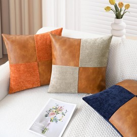 CaliTime Throw Pillow Covers Decorative 18 X 18 Inches Pack of 2 Cozy Chenille Faux Leather Splicing Cushion Cases for Couch Sofa Bed Living Room Home Burnt Orange