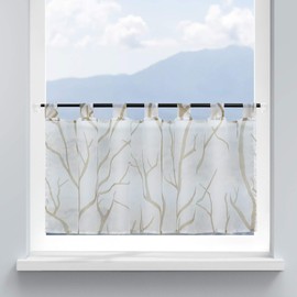 HongYa Kitchen Curtain, Voile, Bistro Curtain with Loops, Transparent Curtain for Small Windows, Branches Pattern