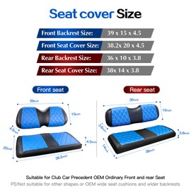 NOKINS 4PCS Golf Cart P Diamond Seat Covers Kit,Front and Rear Seat Covers for Club Car Precedent Original Regular Seat Cushion, No Stapler, Golf Cart Vinyl Replacement Seat Cover,Blue and Black