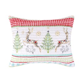 Levtex Home Merry & Bright Collecion - Cometa y Cupido - Funda acolchada estándar - Ciervos y árboles de Navidad - Rojo Verde Blanco Verde - Reversible - Microfibra