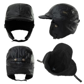 Faux Leather Aviator Pilot Cap Mens Winter Warm Fleece Lined Cold Weather Hunting Trapper Tooper Ski Hat with Ear Flaps Black M