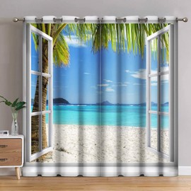 Jekeno Ocean Beach Palm Trees Blackout Curtains Summer Tropical Island Decor for Bedroom Living Room Seaside White Wooden Window View Print Grommet Window Drapes 2 Panel Set, 52"x63"