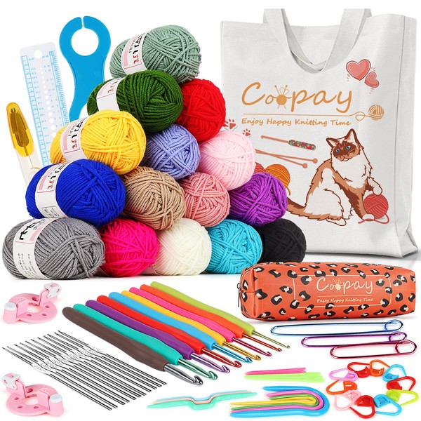 Coopay Crochet Hook Set for Beginners, 70 Pieces Crochet Set with 15 Colours Wool, Bag, Crochet Accessories, Complete Crochet Hook Sets for Children/Adults, Beautiful Canvas Bag, A Wealth of Crochet