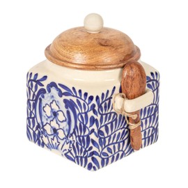 Creative Co-Op Stoneware Canister with Design, Lid and Spoon, Cream, Blue and Natural