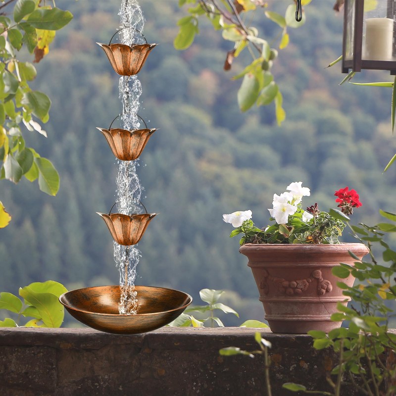 MorningRo 8.5ft Rain Chains for Gutters Outside with Anchor Basin
