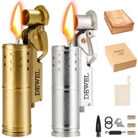 2 Pack Cool Vintage Copper&Brass Wheel Lighter, Pressure-Relief Reusable Windproof Trench, Unique Birthday Gifts for Father & Friend & Family(one Box)