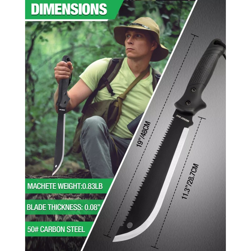MOSSY OAK Machete with Saw 19"Sharp Machete with Sheath No-Slip