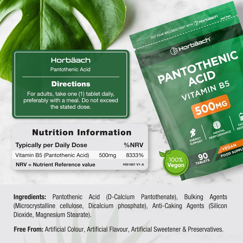 HI Vitamin B5 Pantothenic Acid 500 mg 90 Vegan Tablets