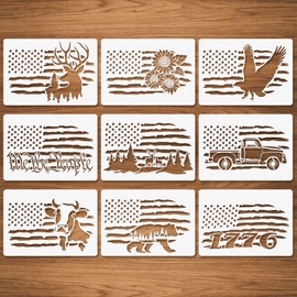 9 Pcs American Flag Stencils, We The People Stencils Deer 1776 Stencils Cow Bear Truck Sunflower Stencils for Painting on Wood Canvas Walls Fabric Wood Burning Stencils Patriotic Stencils (5.7"x7.87")