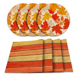 EMMTEEY Fall Placemats Set of 8 Farmhouse Orange Maple Leaves Burlap Placemats Burnt Orange Wood Dinner Table Mats for Party Kitchen Dining Table Décor, 12"X18" Rectangle+12" Round