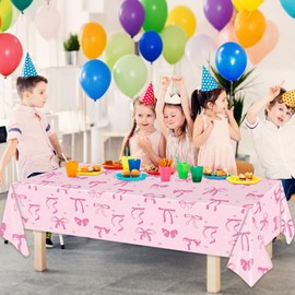 2Pcs Pink Bow Tablecloth Bow Party Supplies Disposable White Pink Table Cover for Birthday Party Decoration Bachelorette Decor Wedding Bridal Engagement Decor Coquette Decoration 54×108''