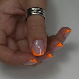 KQueenest 30 Pcs Orange French Tip Press on Nails Short Square, Natural Nude Fake Nails with Glue, Classic French Glue on Nails Short Stiletto, for Women Daily Wear