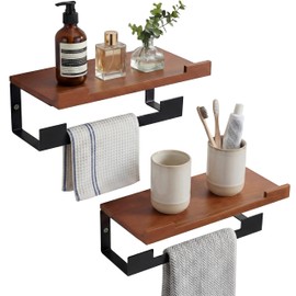 BrightRow 2 Pack Hand Towel Holder/Towel Ring with Wooden Shelf, 9.3 Inch Metal Bath Accessories Wall Mounted Household Decor Hand Towel Hanger for Bathroom Washroom Living Room