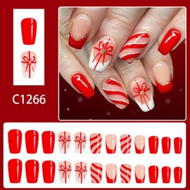 Christmas Press on Nails Medium Coffin Nails Press ons with Rhinestones Bow Design Red Striped Glitter Fake Nails Glossy Full Cover French Tip Glue on Nails Winter Xmas Holiday Nail for Women 24Pcs