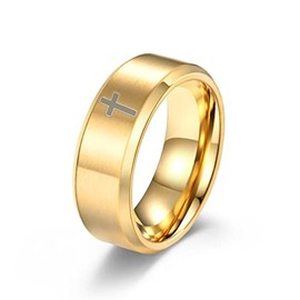 COLORFUL BLING 8MM Stainless Steel Simple Frosted Finish Christian Religious Cross Band Rings for Women Men Jesus Christ Lord Prayer Wedding Statement Jewelry-gold7