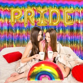 FINEPOTY 2P Rainbow Shimmer Curtain, Rainbow Foil Fringe Curtains Pride Party Decorations Door Rainbow Decorations Party Backdrop,Metallic Tinsel Curtains Hanging Streamer for Pride Party Decoration