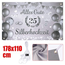 Silver Wedding Decoration Banner 180 x 110 cm Happy Silver Wedding Party Banner 25th Wedding Anniversary Garland Polyester Hanging Decoration for Silver Wedding 25th Anniversary 25th Wedding