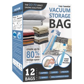 12 Pack Vacuum Storage Bags, Space Saver Vacuum Storage Bags, Vacuum Seal Bags for Clothing, Clothes, Comforters and Blankets, Hand Pump Included