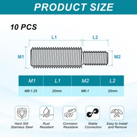 PATIKIL M6x20 to M8x20 Double End Threaded Stud Screw Bolt, 10 Pack Slotted Head 304 Stainless Steel Rod Bolts Thread Reducer Adapter for Furniture Fastener, 40mm Long