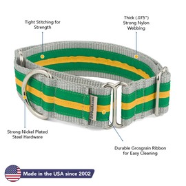 If It Barks - 1.5" Martingale Collar for Dogs - Stripe Design - Adjustable - Strong and Comfy Nylon - Ideal for Training - Made in USA - Small, Emerald/Yellow Gold
