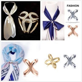 XHBTS 6 pcs Women's Elegant X Shape Silk Scarf Clip Ring Crystal Rhinestone Scarves Clip Buckle Holder for Wedding Party Silver Rose Gold