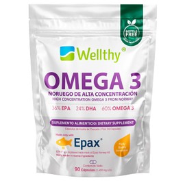 WELLTHY | Omega 3 Salmón Noruego Epax® 90 Cápsulas. El aceite de pescado Epax® está ultraconcentrado en omega 3 con un 36% de EPA y un 24% de DHA. Cápsula de Gelatina Blanda, Bottle Free.