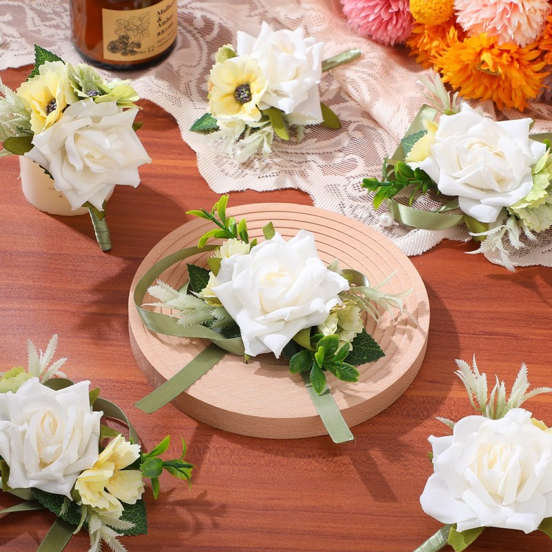 12 Pcs Corsage and Boutonniere Set with Pins for Wedding,White