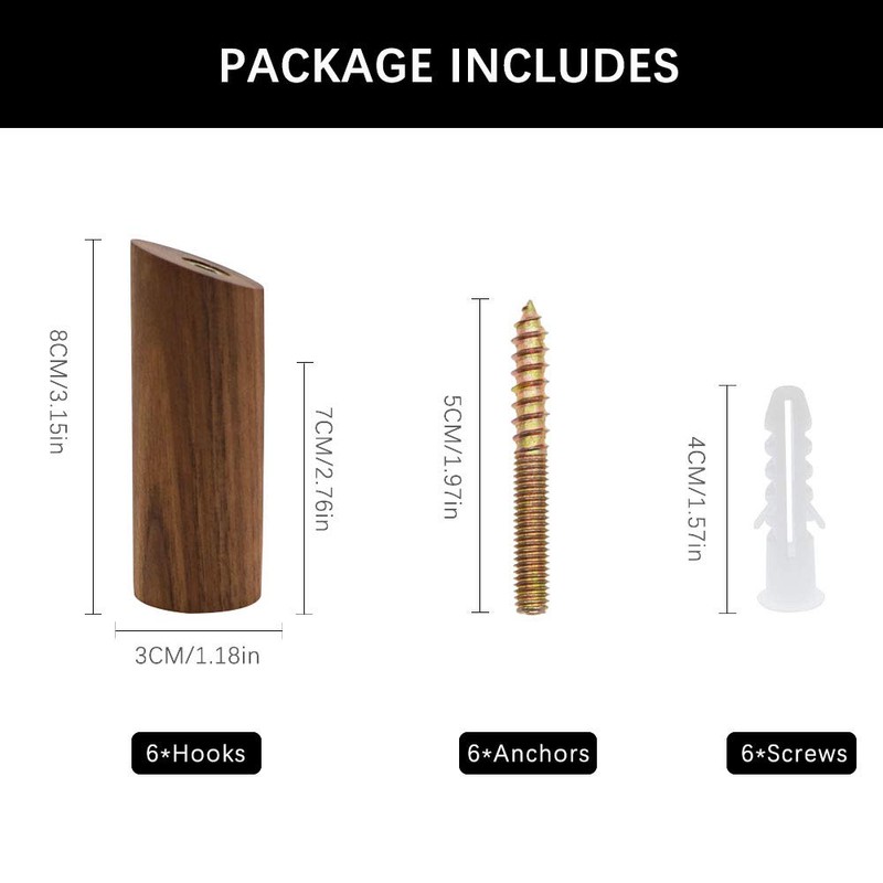 QUMENEY 6PCS Wooden Coat Hooks for Wall, Wood Wall Hat