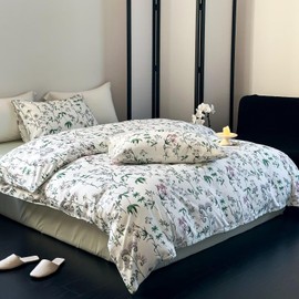VClife Shabby Chic White Printed Duvet Cover Queen Size Vintage Garden Style Green White Pink Flowers Pattern Comforter Cover Woman Man All Season Bedding Sets with Zipper Closure 90"x90"